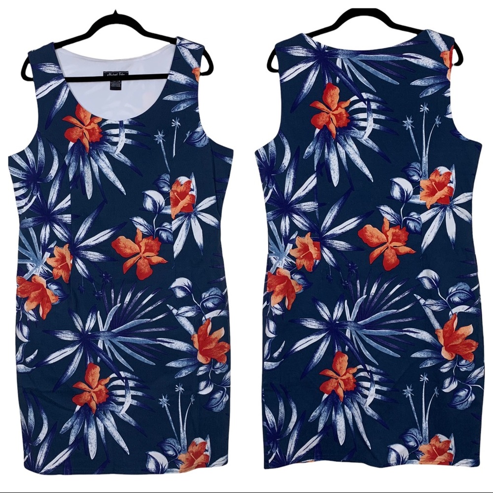 Michael Tyler Tropical Floral Sleeveless Ponte Stretchy Blue White Mini Dress XL